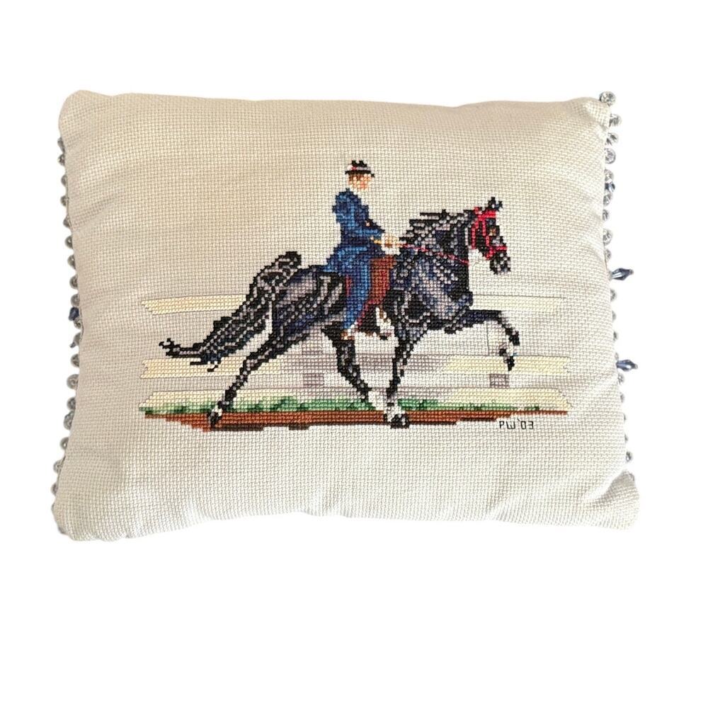 Western Horse Crossstitch Accent Pillow Handmade Cowboy